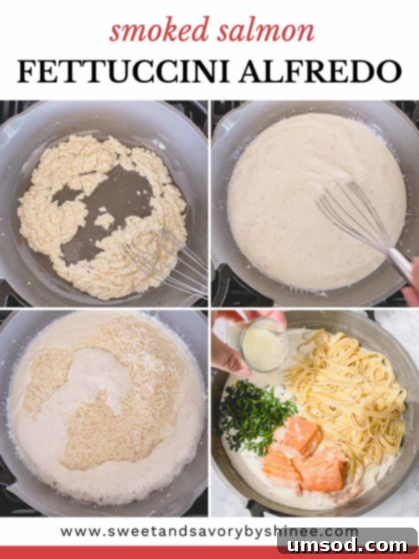 A step-by-step collage showcasing the process of making creamy Alfredo pasta, from melting butter to adding ingredients.