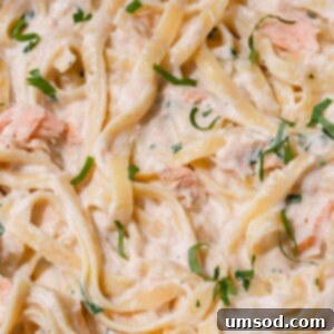 A delicious bowl of Smoked Salmon Fettuccini Alfredo, a quick and easy weeknight dinner.