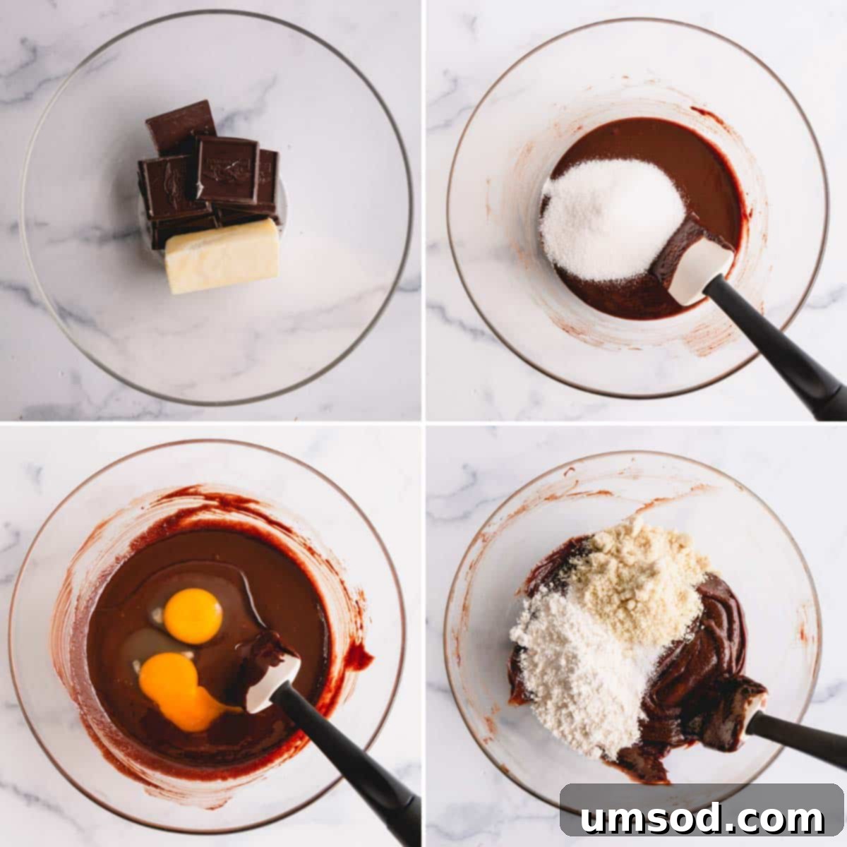 Dulce De Leche Swirled Almond Brownies 5 Step-by-step photos illustrating the process of making brownie batter in a bowl with a spatula.