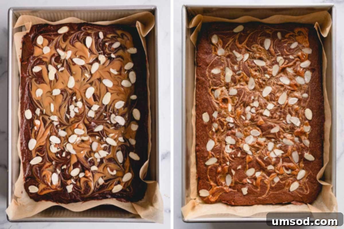 Dulce De Leche Swirled Almond Brownies 6 Brownie batter in a baking pan, topped with swirls of dulce de leche and a generous scattering of almonds.