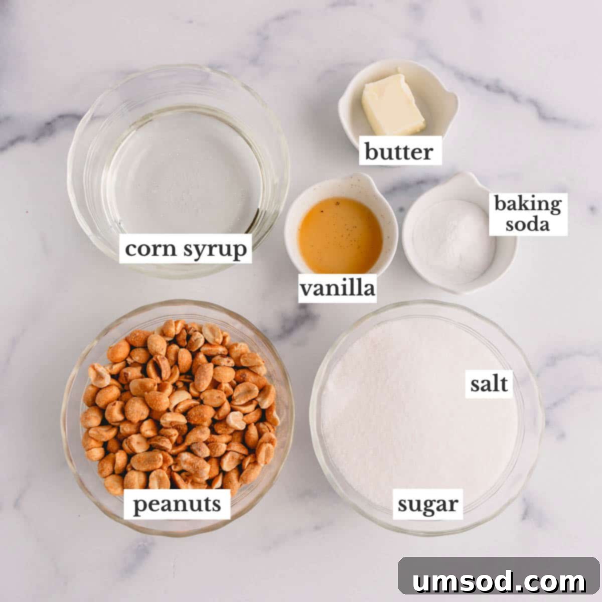 Effortless Microwave Peanut Brittle 4 All the essential ingredients neatly arranged for making homemade microwave peanut brittle.