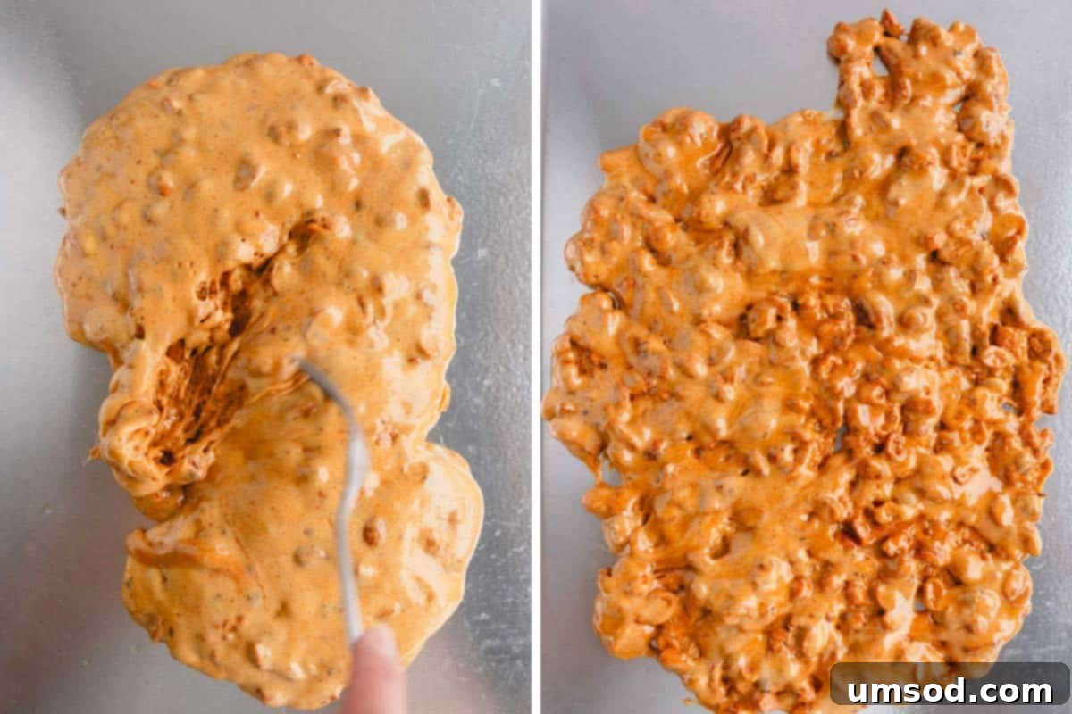 Effortless Microwave Peanut Brittle 8 The hot peanut brittle mixture being spread evenly over a greased baking sheet with two forks.