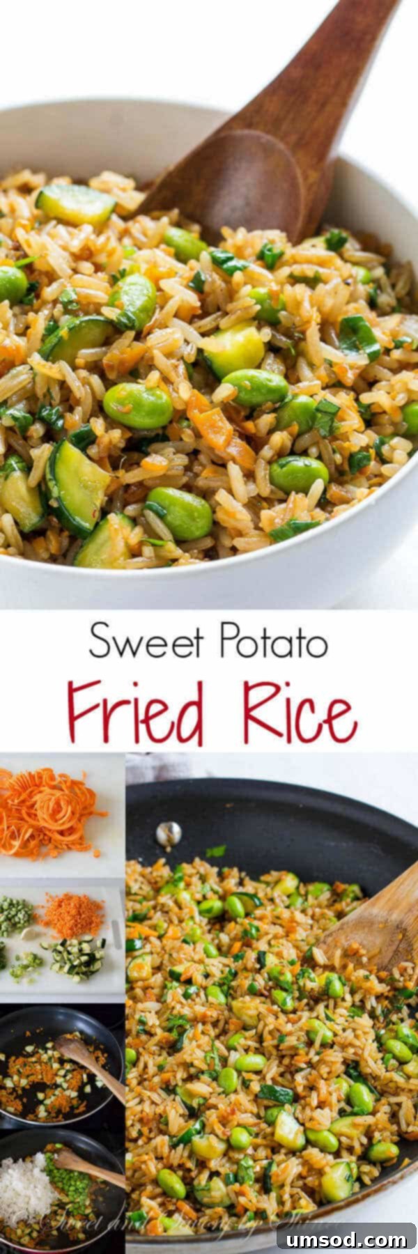 Wok-Tossed Veggie Rice 2 A beautifully plated dish of homemade Sweet Potato Vegetable Fried Rice, showcasing vibrant orange sweet potato, green edamame, and fluffy rice. Ideal for a healthy, quick meal.