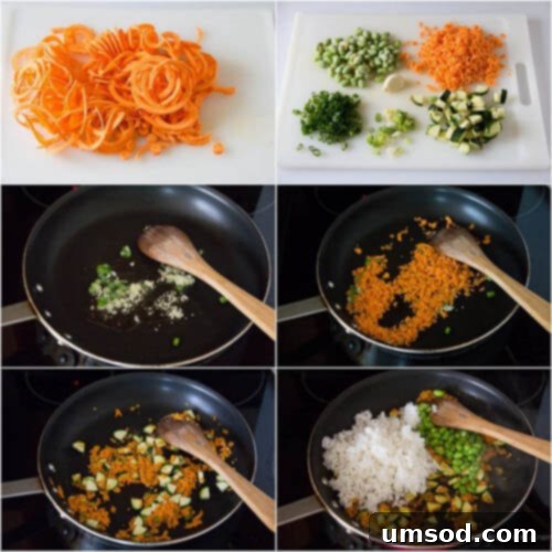 Wok-Tossed Veggie Rice 4 A clear visual demonstration of step-by-step cooking process for vegetable fried rice, showing various ingredients being added and stir-fried in a pan.
