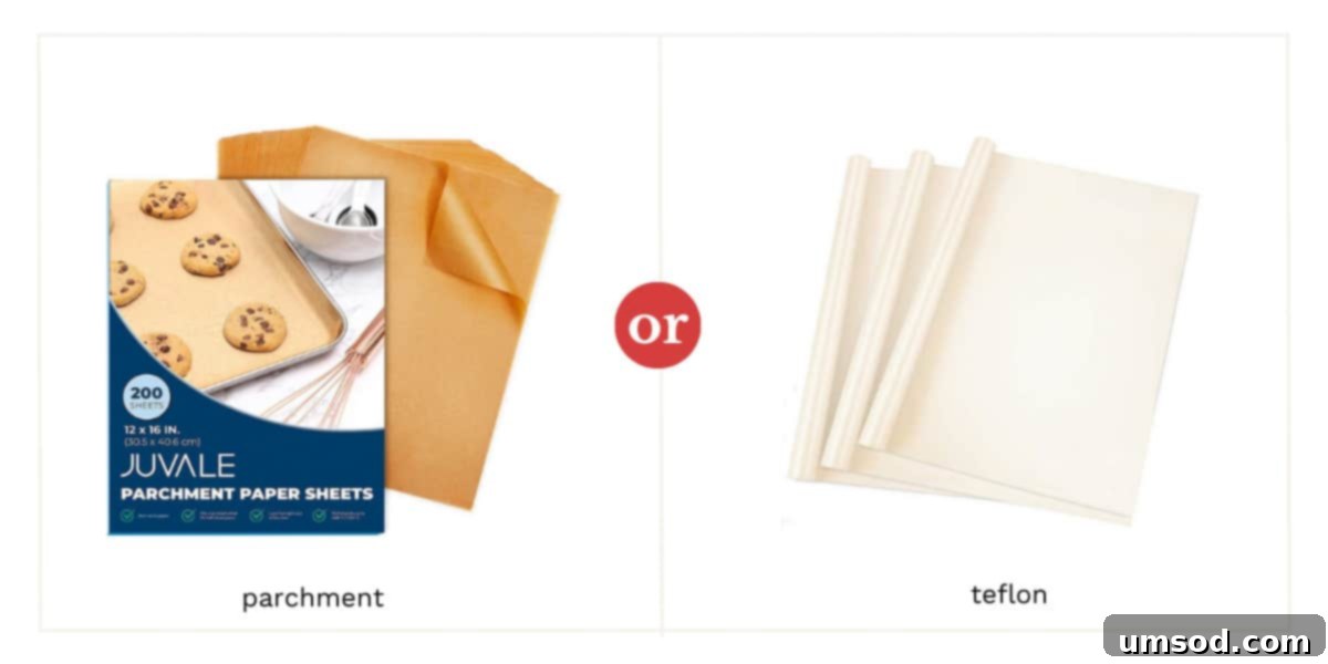 Master Macarons: 9 Must-Have Tools 5 Comparison image of parchment paper and a teflon sheet, showing different baking surfaces for macarons.