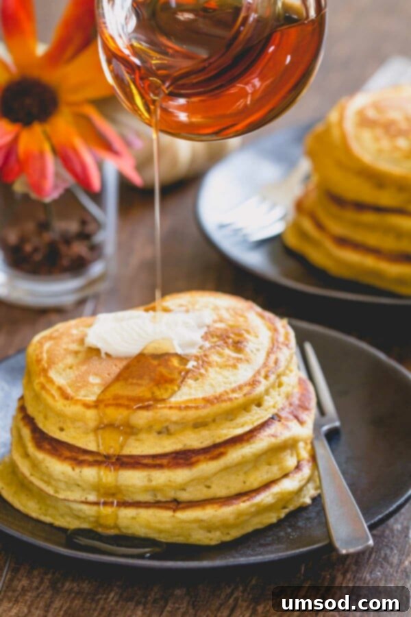 Pillowy Pumpkin Pancakes 2 Three golden pumpkin pancakes stacked on a white plate, topped with a pat of melting butter and drizzled generously with amber maple syrup.