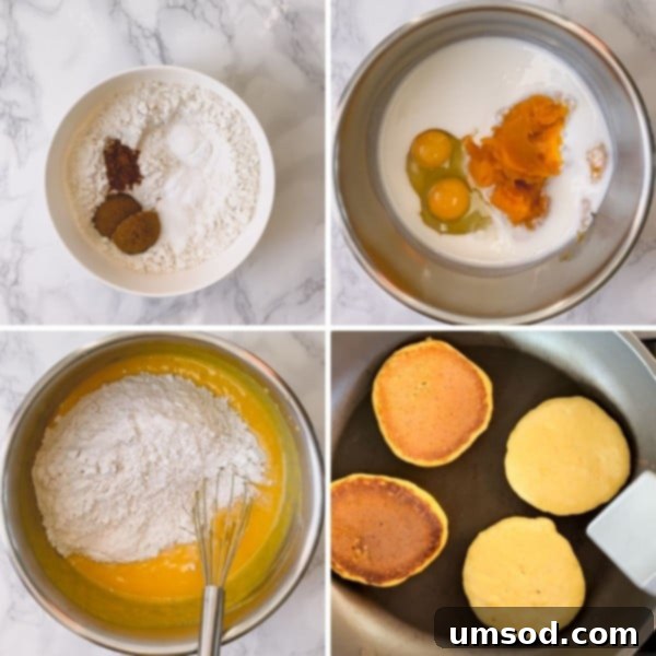 Pillowy Pumpkin Pancakes 4 A collage of four photos demonstrating the process of making pumpkin puree, from whole squash to a smooth blend.