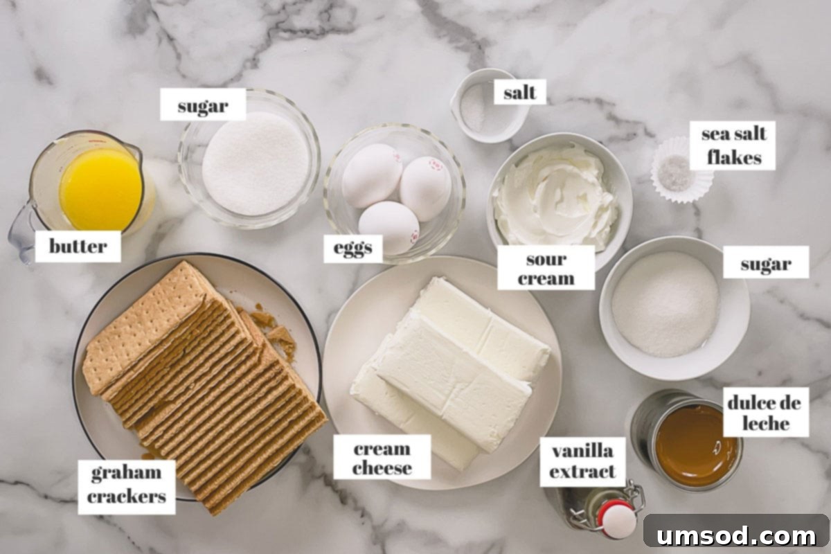 A beautifully arranged flat lay of all the fresh ingredients required to make Dulce de Leche Cheesecake, including graham crackers, cream cheese, and a can of dulce de leche.
