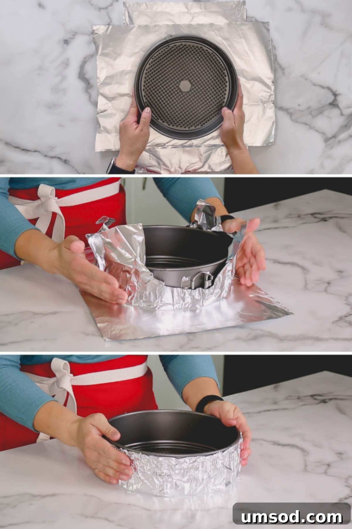 A visual guide showing a springform pan being securely wrapped with two layers of aluminum foil in preparation for a water bath.