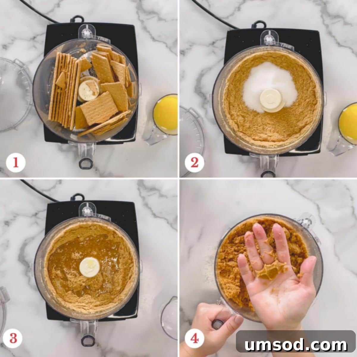 A collage of step-by-step images depicting the process of preparing the cheesecake crust, from grinding crackers to mixing with butter.