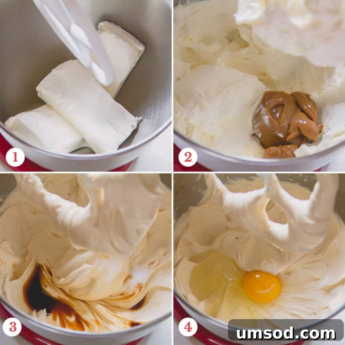 A series of close-up photographs showing the stages of preparing the creamy cheesecake filling, from beating cream cheese to incorporating eggs.