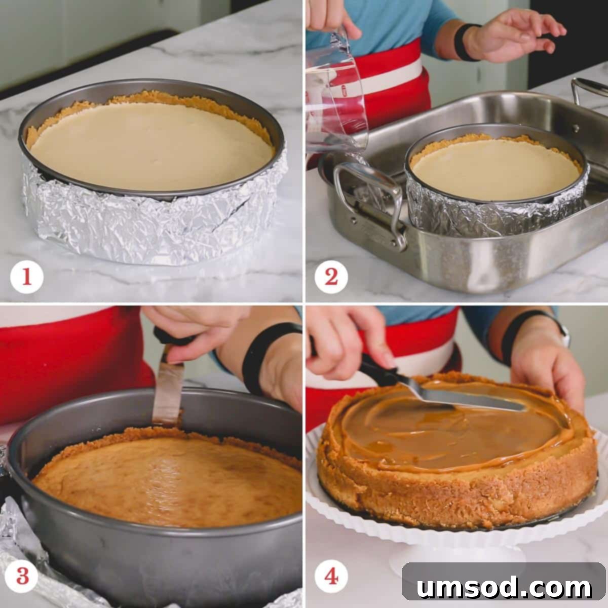 A visual sequence of the baking and cooling phases of the Dulce de Leche Cheesecake, showing its transformation in the oven.