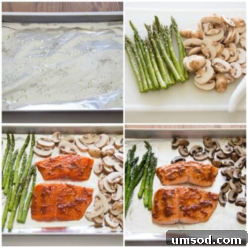 Spicy apricot salmon with roasted asparagus and mushrooms - light and nutritious dinner bursting with flavor! All it takes is one sheet pan, five ingredients, and less than 30 minutes! Quick n' simple doesn't have to be bland.