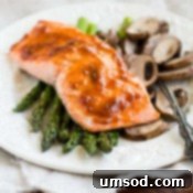 Another perspective of the spicy apricot salmon and roasted vegetables dinner.