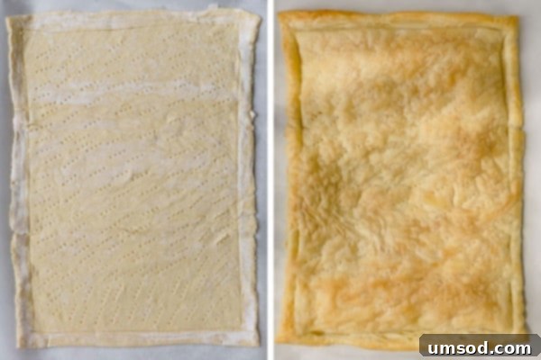 Puff pastry sheet scored and pierced, ready for blind baking