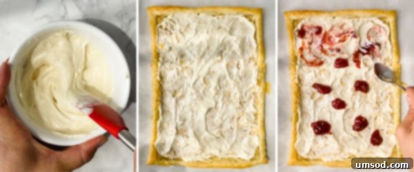 Cream cheese filling with strawberry jam swirled on the puff pastry crust