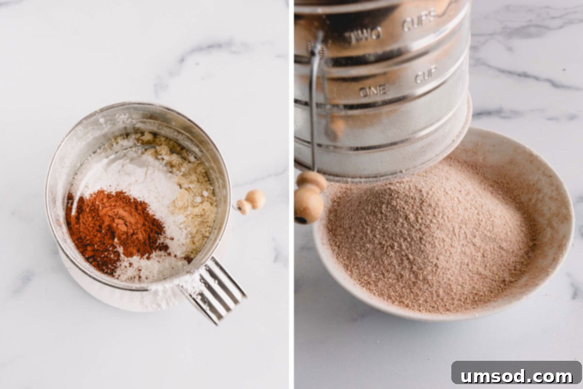 Side-by-side images illustrating the process of sifting almond flour, powdered sugar, and cocoa powder into a bowl, emphasizing the importance of aeration.