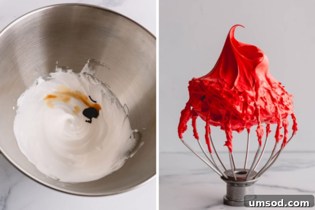 Two images: The first shows egg white meringue at the soft peak stage before adding color, and the second displays vibrant red meringue at the stiff peak stage with prominent ridges.