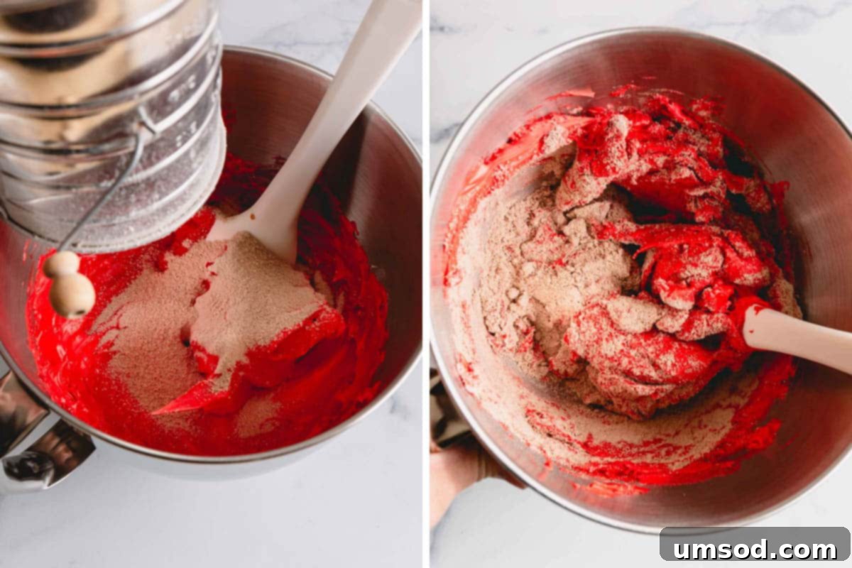 Side-by-side images showing the initial stages of combining sifted dry ingredients with the red meringue, demonstrating the start of the macaronage process.