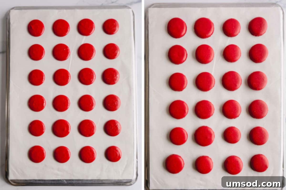 Side-by-side comparison of red macaron shells on a baking sheet: before baking, showing smooth, piped circles, and after baking, displaying beautifully risen shells with delicate 'feet'.