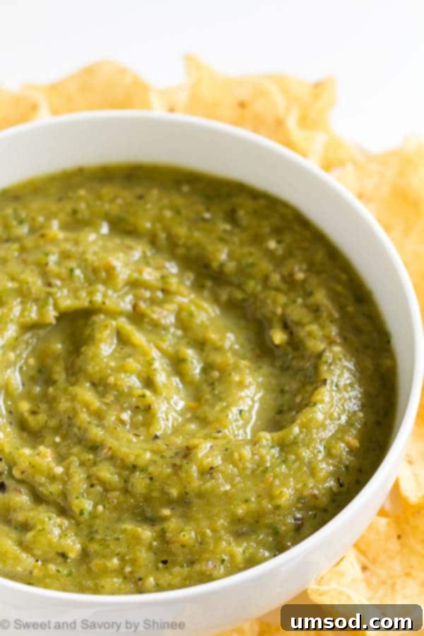 Fire-Roasted Tomatillo Salsa Verde 2 A bowl of vibrant charred tomatillo salsa verde with crispy tortilla chips artfully arranged around it, ready for dipping.