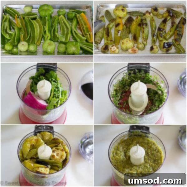 Fire-Roasted Tomatillo Salsa Verde 4 A series of six step-by-step images showcasing the preparation of Charred Tomatillo Salsa Verde, from roasting vegetables to final blending in a food processor.