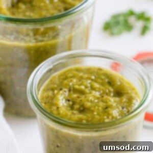 Fire-Roasted Tomatillo Salsa Verde 6 Close-up of Charred Tomatillo Salsa Verde in a bowl, showcasing its vibrant green color and chunky texture.