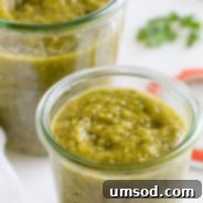 Fire-Roasted Tomatillo Salsa Verde 7 A small bowl of fresh charred tomatillo salsa verde, ready to be served.