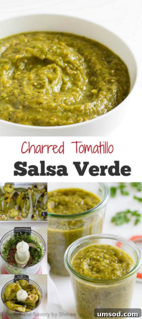 Fire-Roasted Tomatillo Salsa Verde 8 Pinterest vertical pin image for Charred Tomatillo Salsa Verde, showing three different images of the salsa and its ingredients, encouraging users to save the recipe.