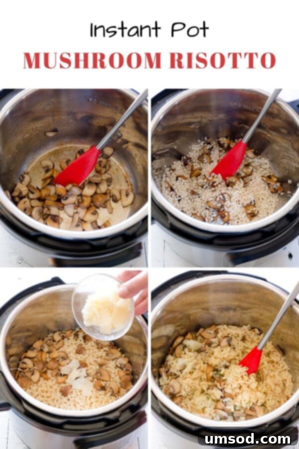 Ingredients for Instant Pot mushroom risotto laid out, showcasing fresh mushrooms and Arborio rice.