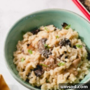 A beautifully plated Instant Pot Mushroom Risotto garnished with herbs.