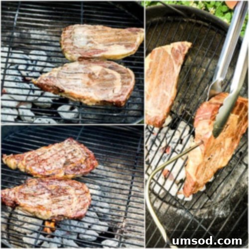 Flawless Ribeye: Grill Perfection with Zesty Chimichurri 3 Close-up of a meat thermometer inserted into the side of a thick grilled ribeye steak to check internal temperature.