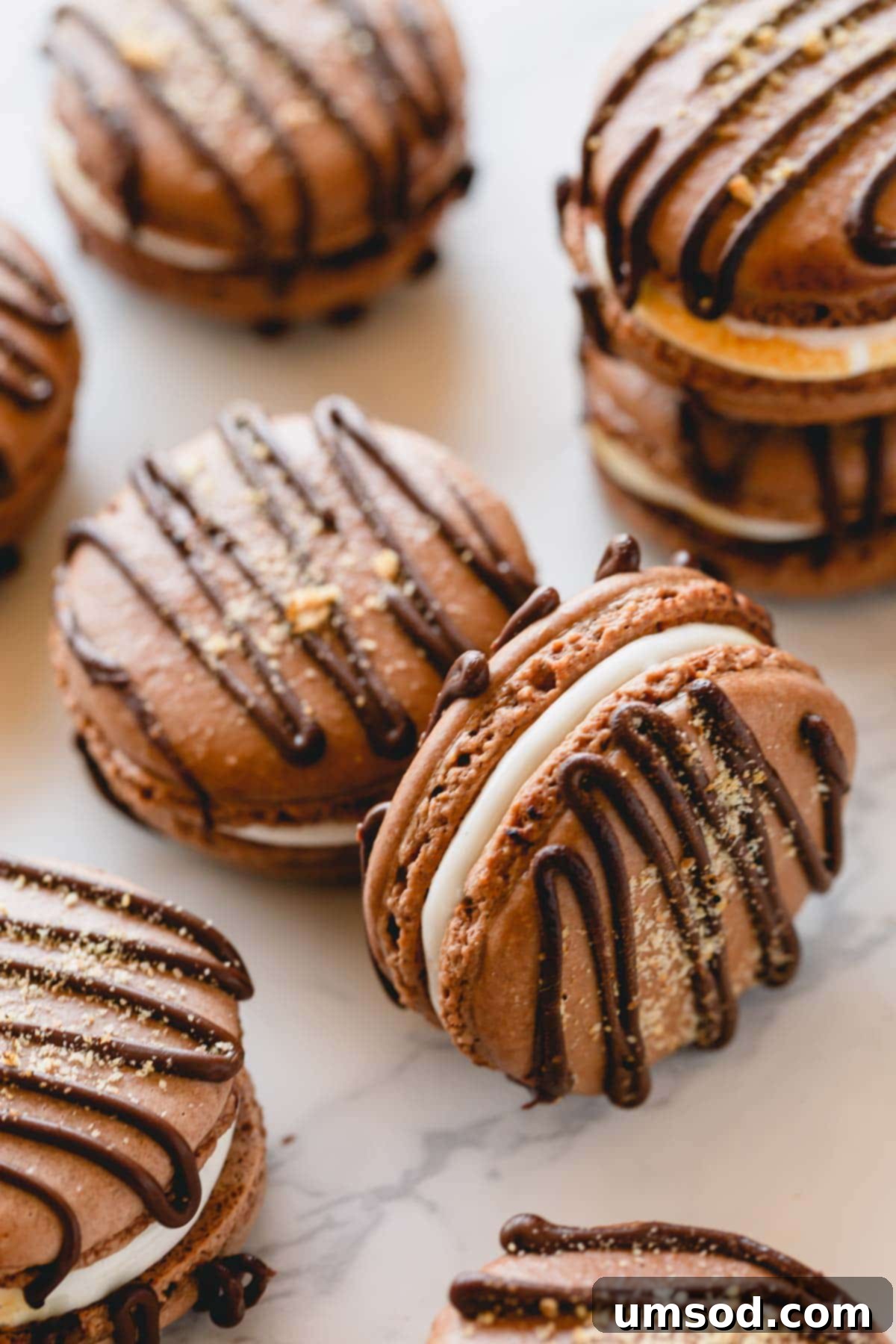 Filled s'mores macarons arranged beautifully on a counter, ready to be enjoyed.