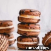 Filled s'mores macarons arranged on a counter.