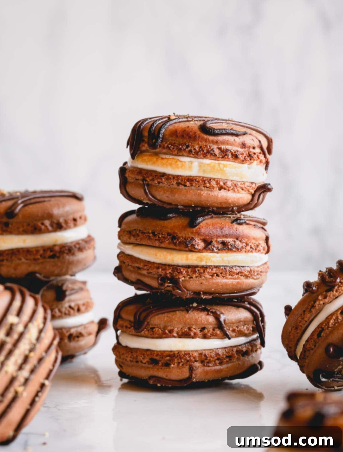 Beautifully filled s'mores macarons arranged on a pristine counter, showcasing their delectable layers.