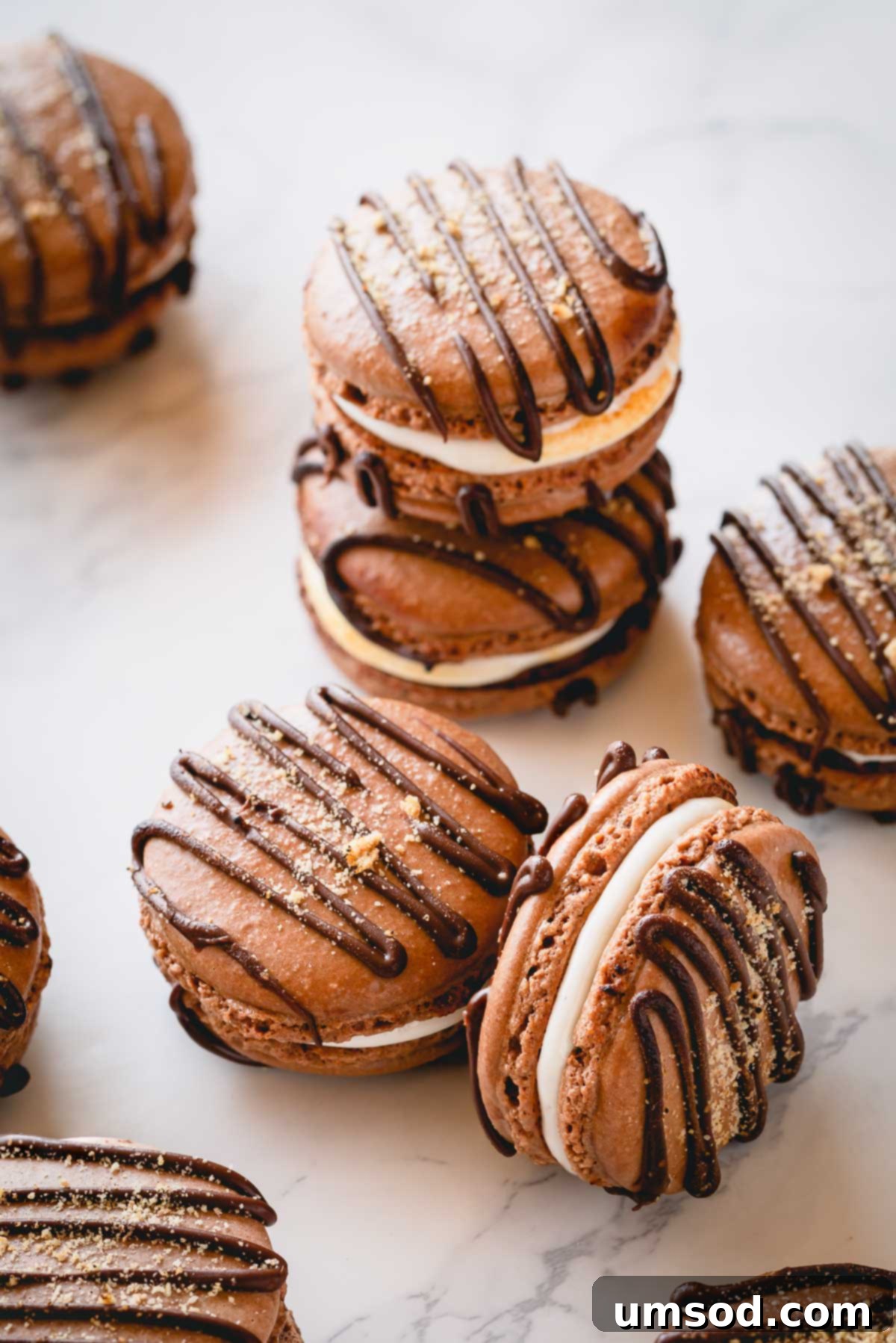 A stunning display of assembled s'mores macarons, featuring toasted marshmallow filling and chocolate drizzle, on a kitchen counter.