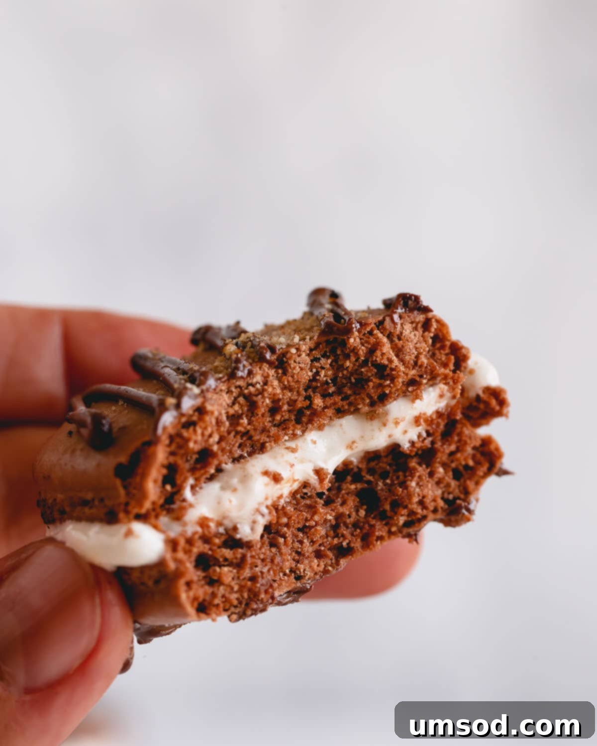 A close-up view of the inside of a s'mores macaron, revealing the gooey toasted marshmallow filling between two chocolate shells.
