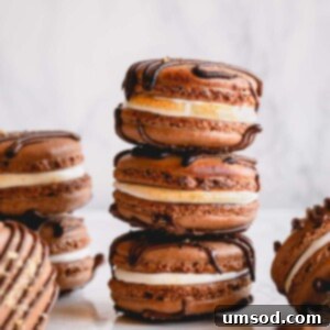 Filled s'mores macarons arranged on a counter.