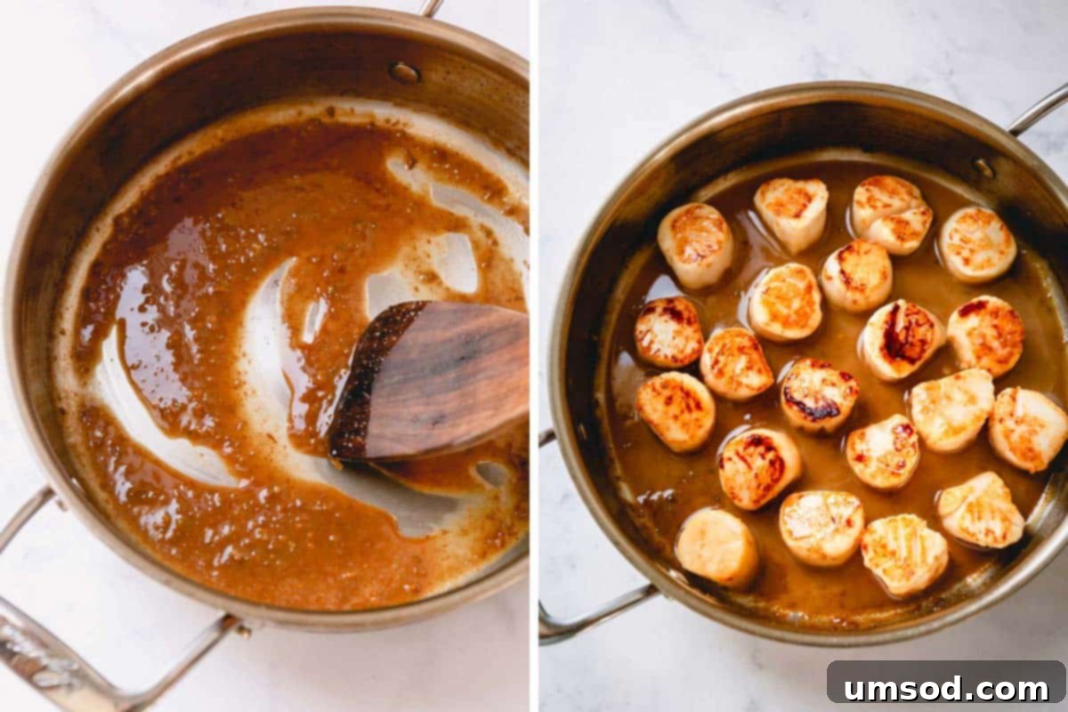 Side by side images of tequila lime sauce in a skillet.