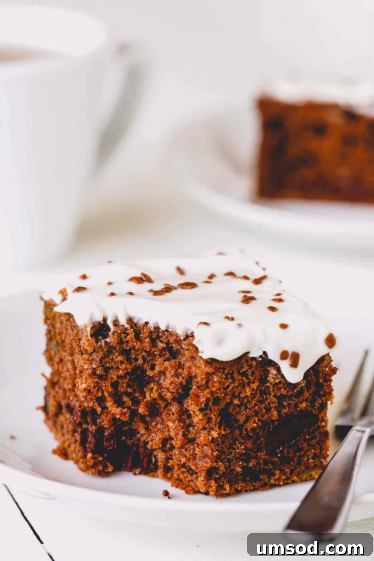 Fudgy Chocolate Zucchini Sheet Cake 2 A square slice of decadent double chocolate zucchini cake with a bite missing, showcasing its rich texture and chocolate chips.