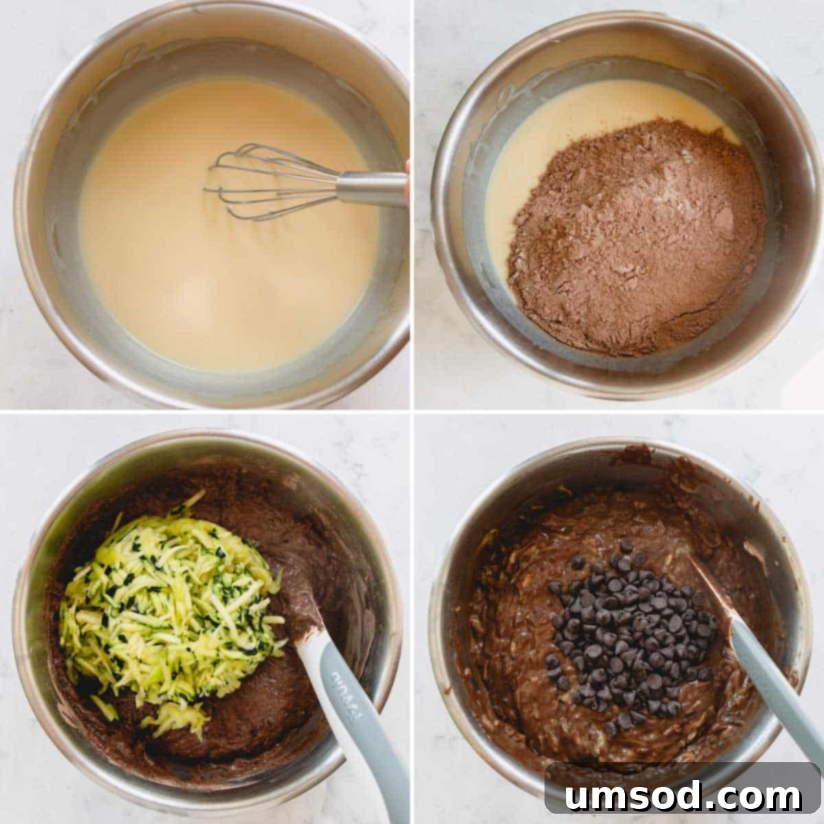 Fudgy Chocolate Zucchini Sheet Cake 5 A four-panel image illustrating the process of mixing chocolate zucchini cake batter, from combining ingredients to adding zucchini and chocolate chips.