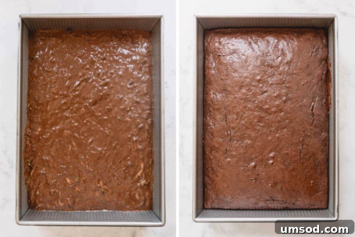 Fudgy Chocolate Zucchini Sheet Cake 6 Two images side-by-side: an unbaked double chocolate zucchini cake batter in a pan, and the beautifully baked cake.