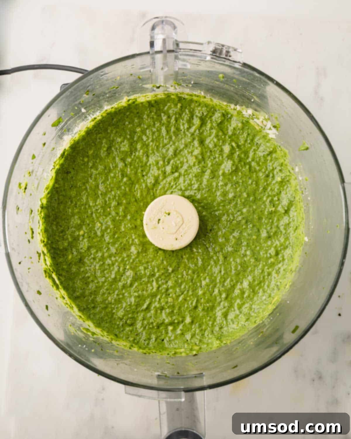 Big Batch Basil Pesto Recipe 13 Beautifully blended basil pesto in a food processor, showcasing its creamy and vibrant green texture.