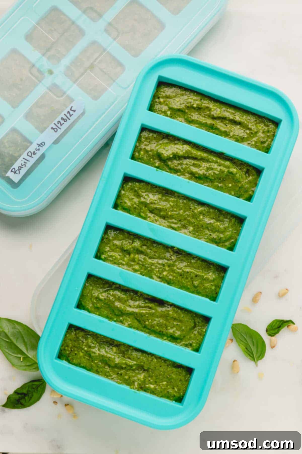 Big Batch Basil Pesto Recipe 15 Homemade basil pesto neatly stored in a Souper Cubes silicone freezer tray, ready for freezing.