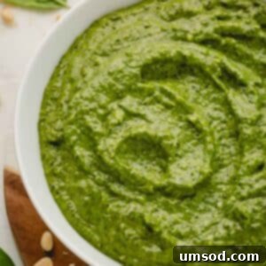 Big Batch Basil Pesto Recipe 16 A bowl of large batch basil pesto, showcasing its vibrant green color and creamy texture.