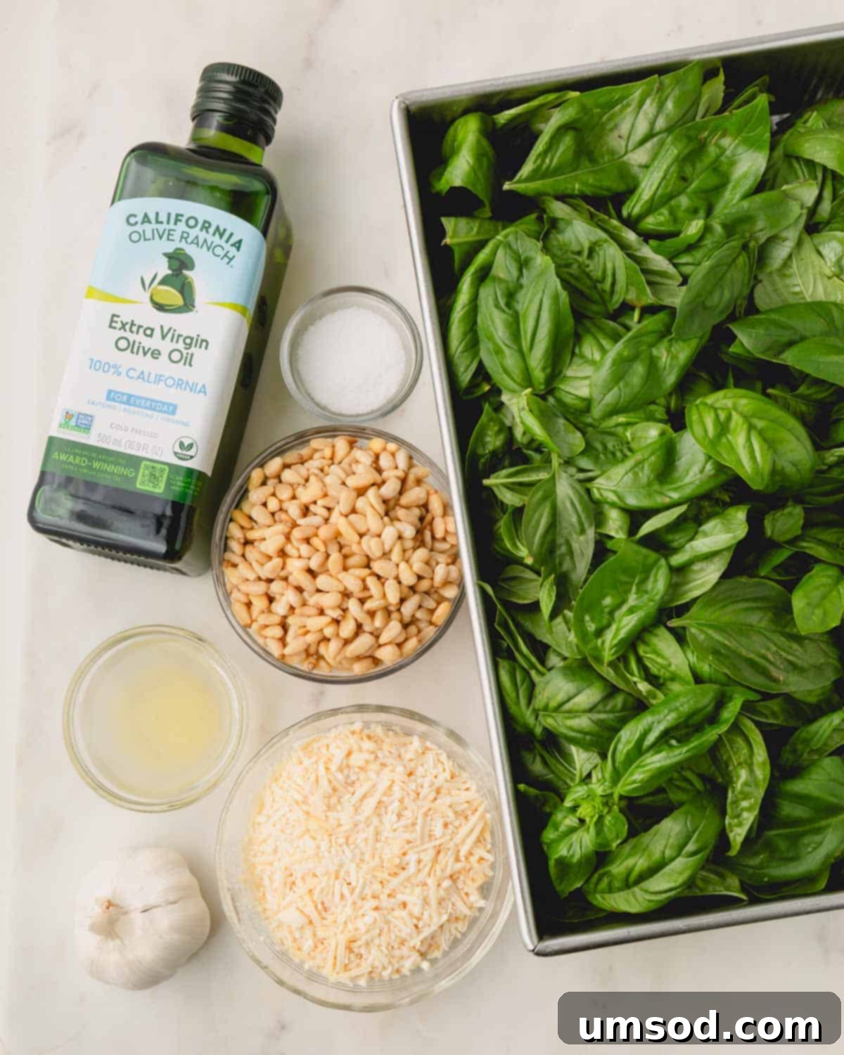 Big Batch Basil Pesto Recipe 4 Fresh basil leaves, block of Parmigiano-Reggiano cheese, pine nuts, kosher salt, olive oil, garlic cloves, and a lemon on a wooden board.