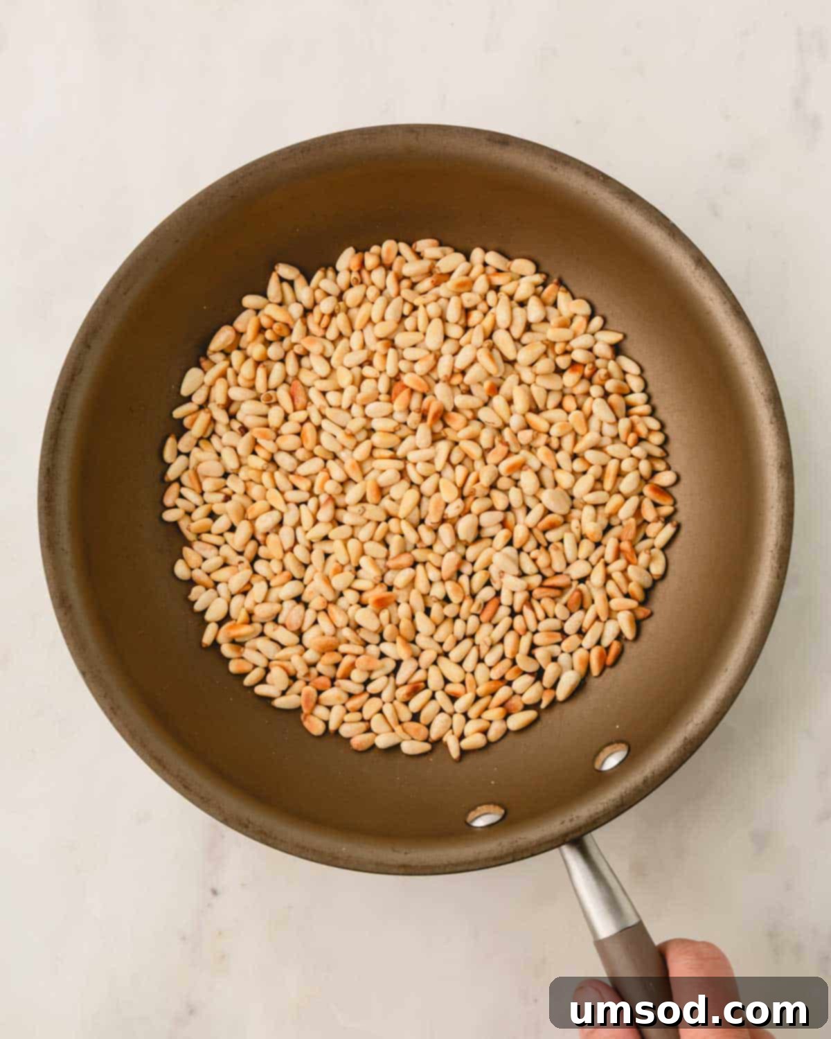 Big Batch Basil Pesto Recipe 7 A hand gently shaking a skillet containing perfectly toasted pine nuts, highlighting their golden hue.