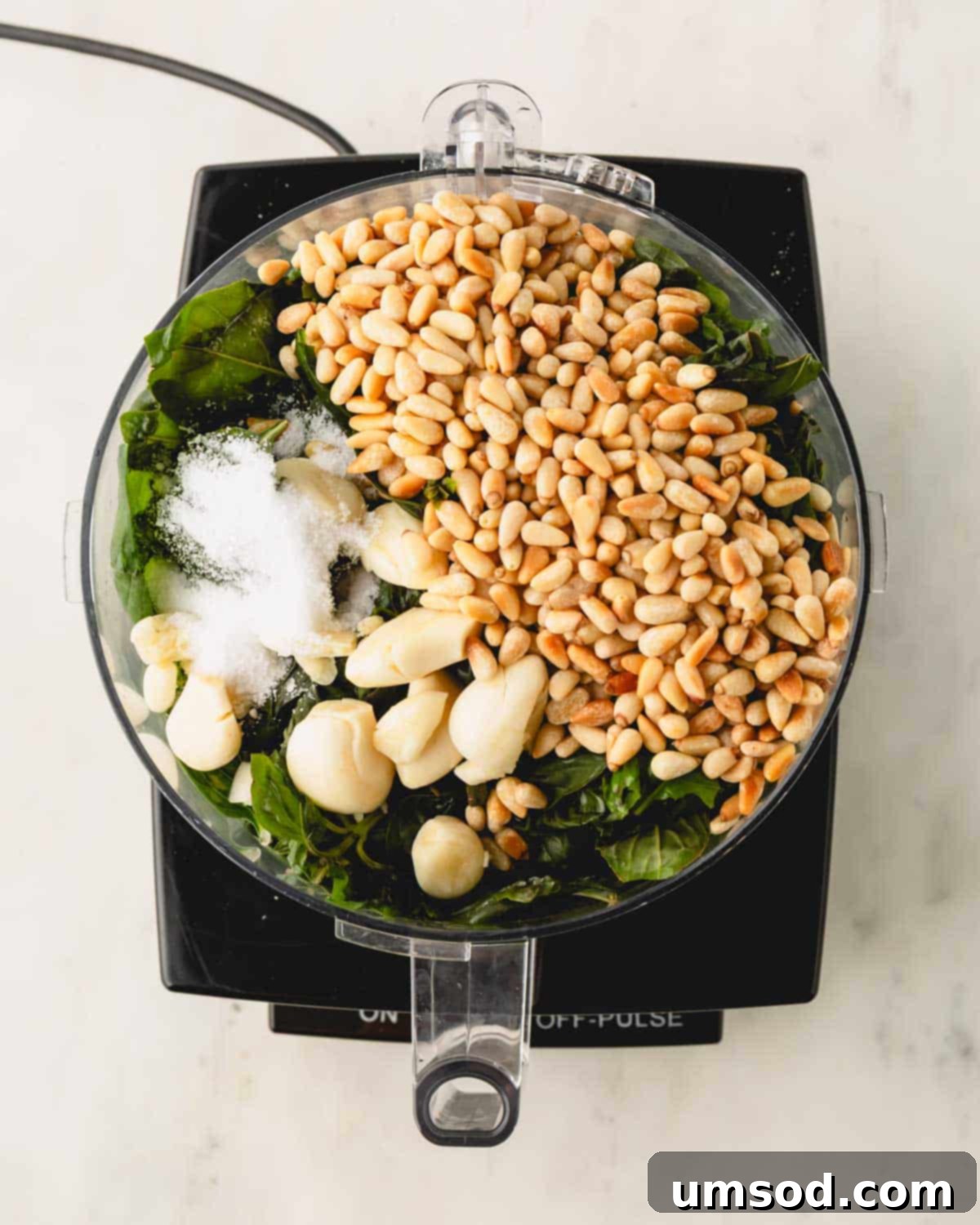 Big Batch Basil Pesto Recipe 9 Frozen basil leaves, toasted pine nuts, garlic cloves, and salt in a food processor, before blending.
