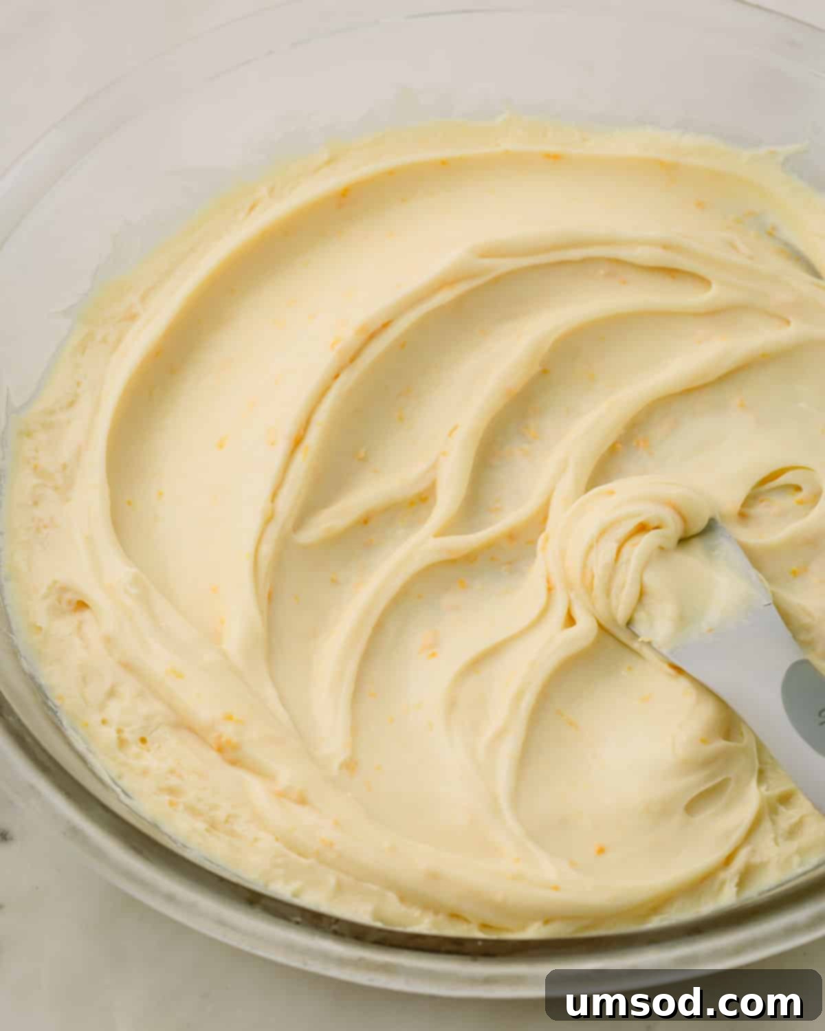 Cranberry Citrus Macarons 25 Close-up of the smooth, creamy white chocolate orange ganache, ready for filling the macarons.