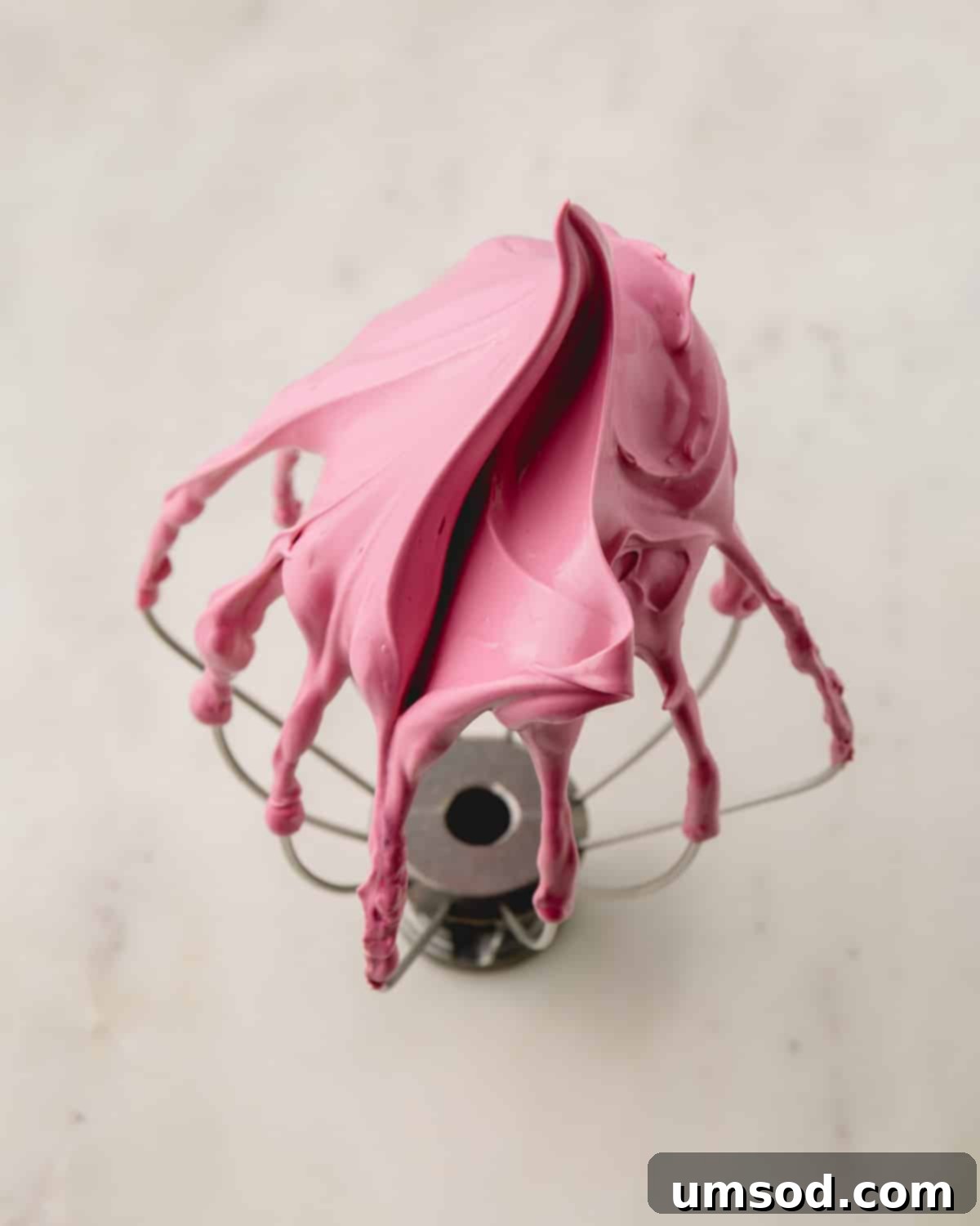 Cranberry Citrus Macarons 9 Close-up of a whisk attachment coated in vibrant pink meringue.